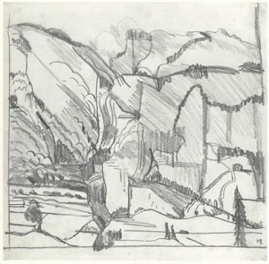 Hans Brühlmann | Zeichnung: Vättis, Felsen bei Ramuz mit Simel [Nr. 986 Werkkatalog Hansjakob Diggelmann und Jeannot Simmen, Schweizerisches Institut für Kunstwissenschaft, Zürich, 1985]