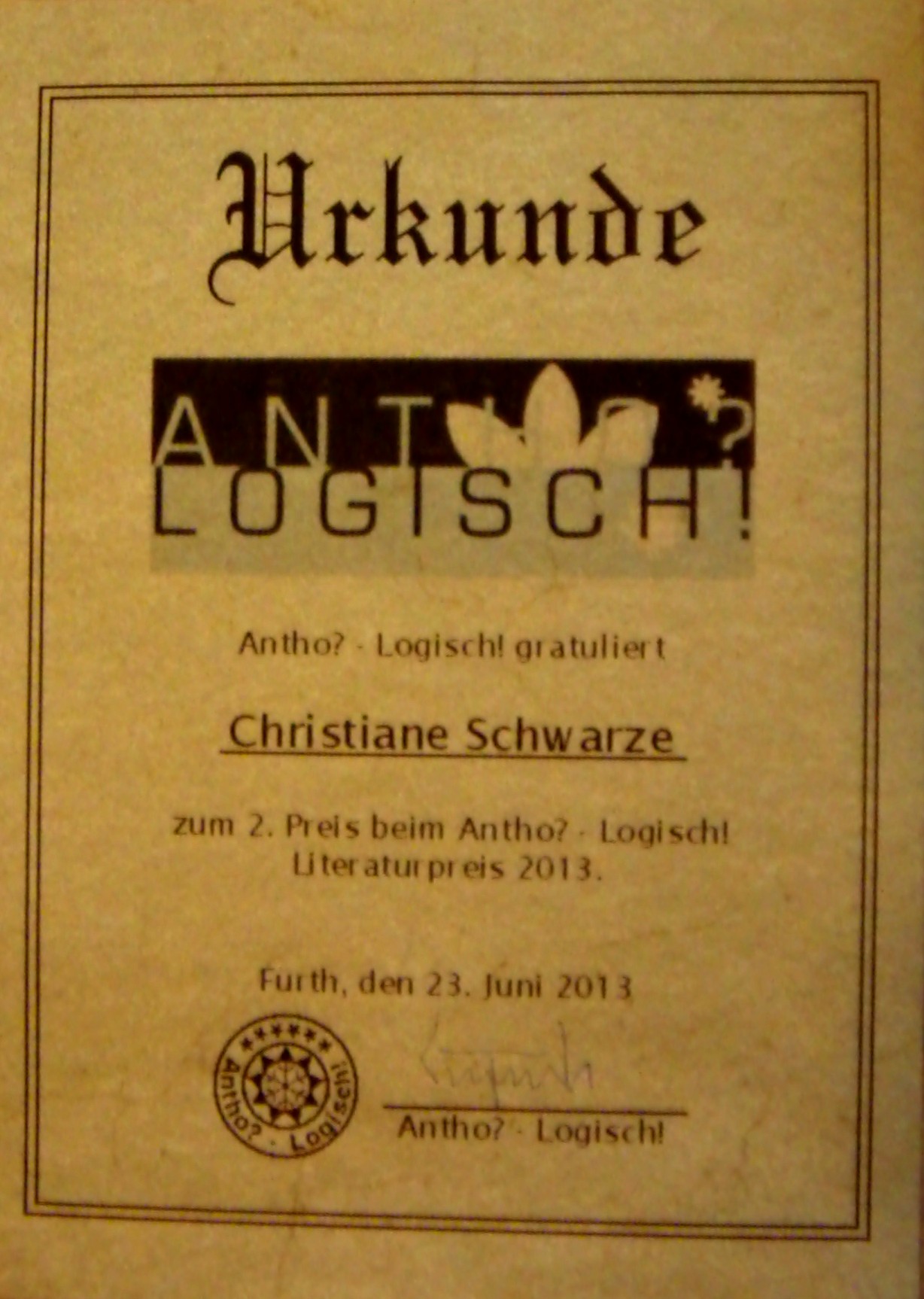 Urkunde Preis AntoLogisch